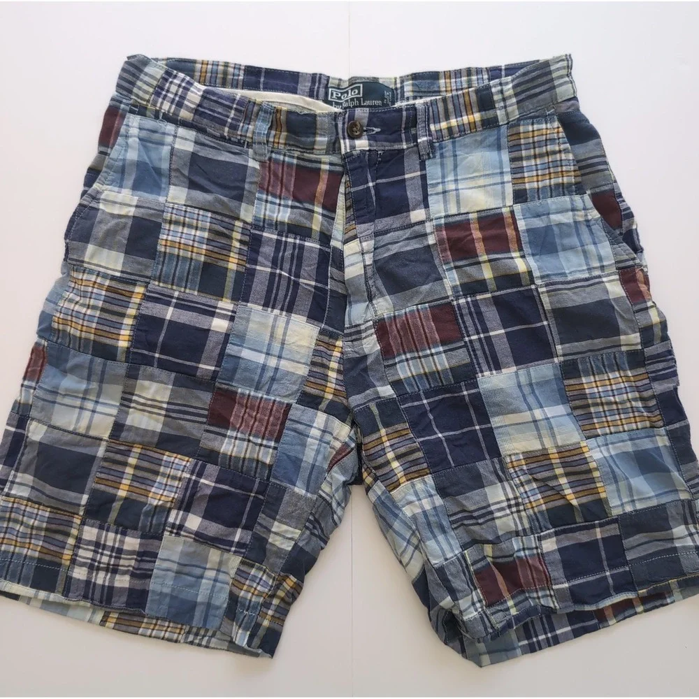 Vintage Polo Ralph Lauren Prospect Shorts Mens 32 Madras Plaid Blue Cotton Y2K